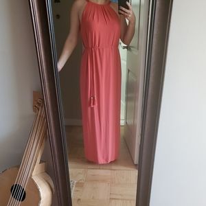 Floor length grecian coral formal dress